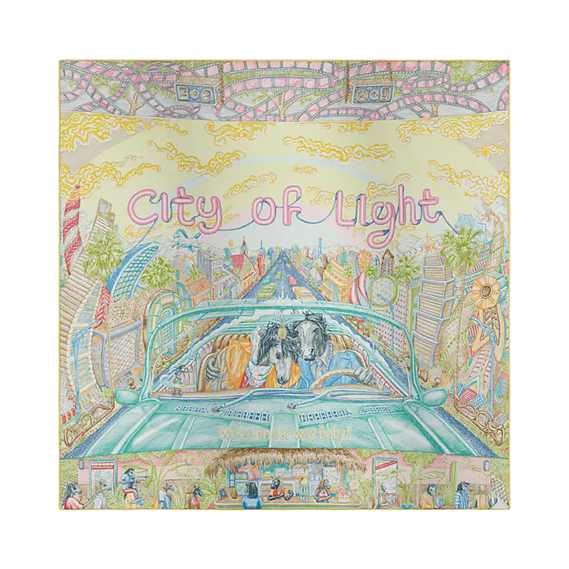 H004103S07 (W) Hermes City Of Light Scarf 90 Silk Twill & Jaune Celadon Rose
