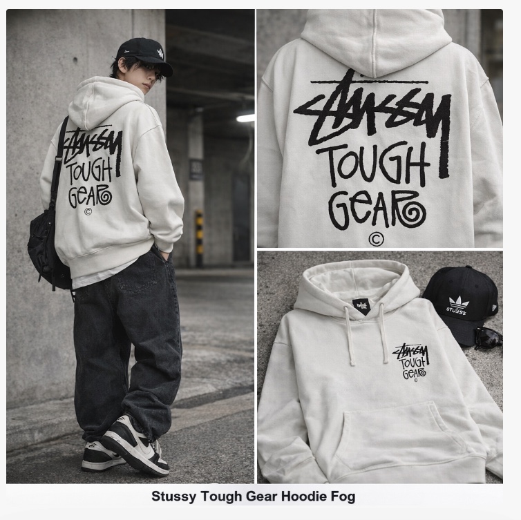 Stussy Tough Gear Hoodie Fog 착용 스타일