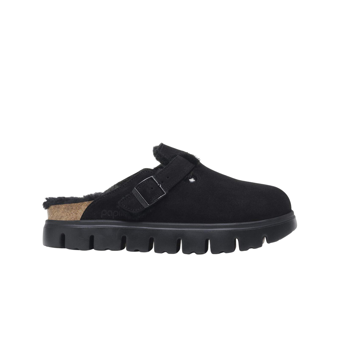 1028453 (W) Birkenstock Boston Papillio Chunky Shearling Suede Leather Black - Narrow