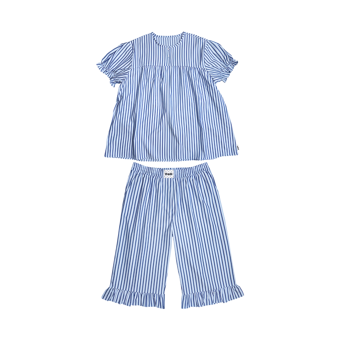 폴리 여 프릴 칼라리스 홈 카프리 세트, 블루 스트라이프(Foli W Frill Collarless Home Capri Set, Blue Stripe)