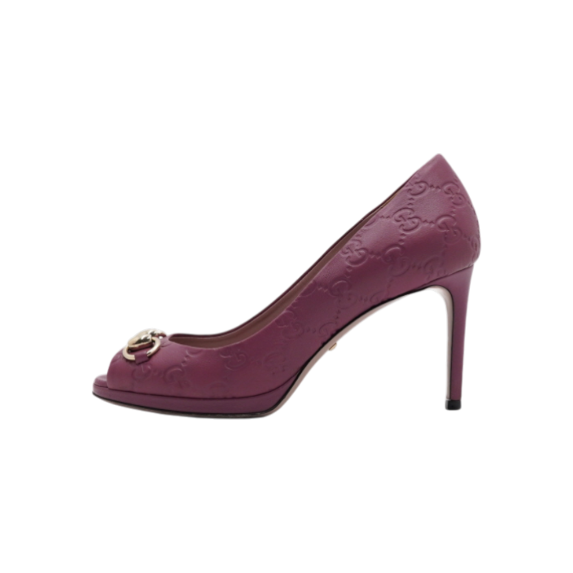 ITL4NJ7BE2GP Gucci 388449 GG Shimmer Purple Leather Gold Horsebit Open-Toe Heels