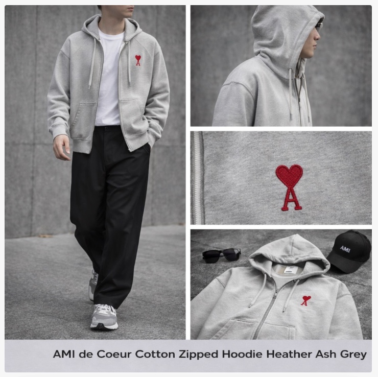 AMI de Coeur Cotton Zipped Hoodie Heather Ash Grey 착용 스타일