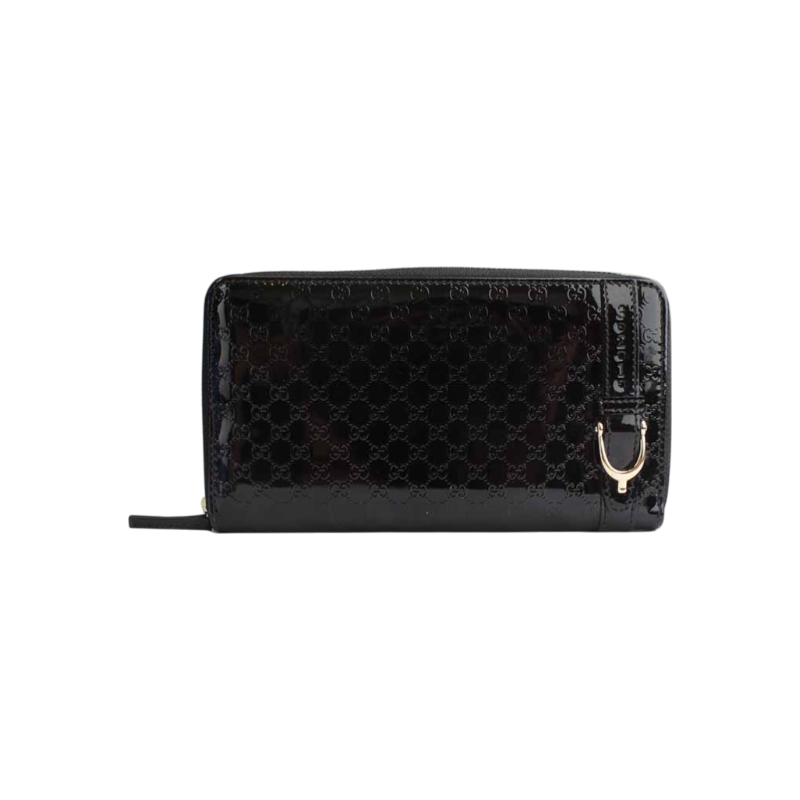 구찌 블랙 구찌시마 페이던트 금장 지피 장지갑(309757)(Gucci Black Guccissima Patent Gold Hardware Zip Wallet (309757)) - 1