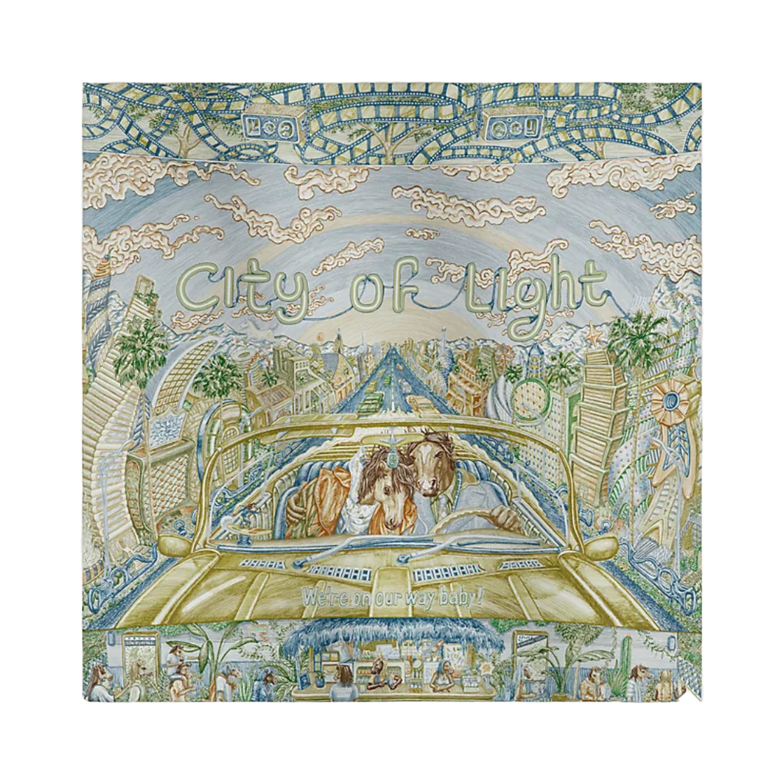 H004103S02 (W) Hermes City Of Light Scarf 90 Silk Twill & Bleu Glacier Kaki Beige
