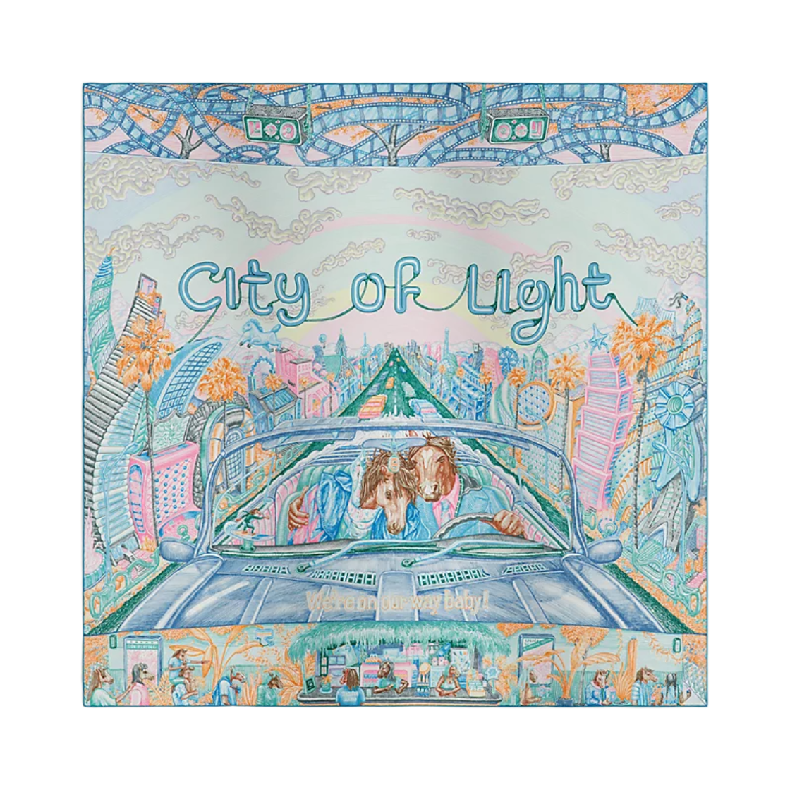 H004103S06 (W) Hermes City Of Light Scarf 90 Silk Twill & Bleu Jean Rose Vert Veronese