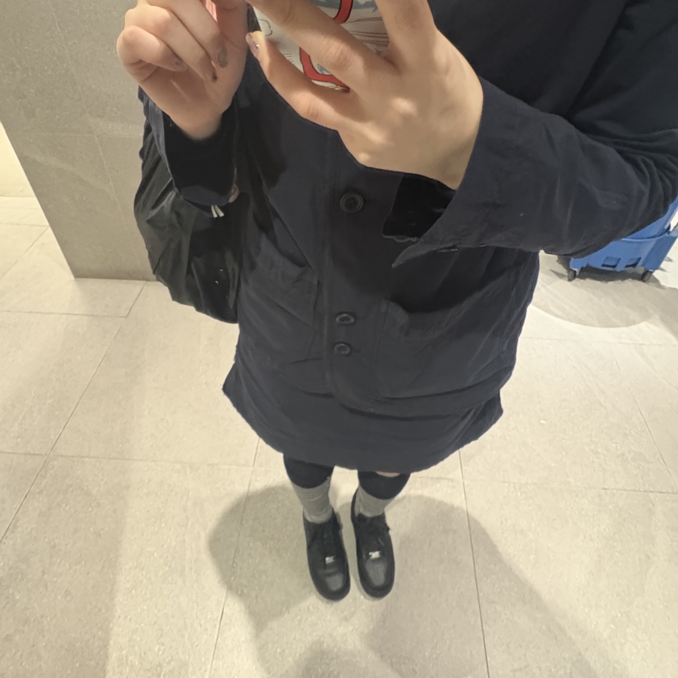 COYSEIO Raw Edge Cotton Jacket Navy, COYSEIO Double-Layer Striped Socks Navy 착용 스타일 - 1