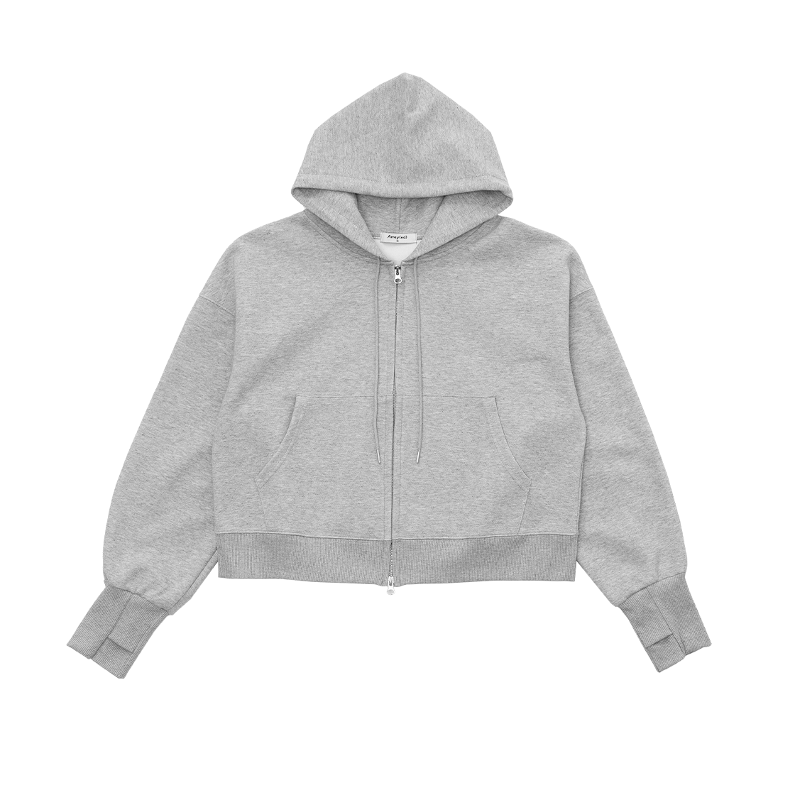 어레이드 컴바인 크롭 핑거홀 후드 집업 그레이(Arrayed Combine Crop Finger Hole Hood Zip-Up Gray)