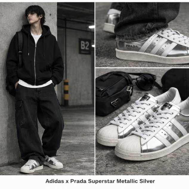 Adidas x Prada Superstar Metallic Silver 착용 스타일