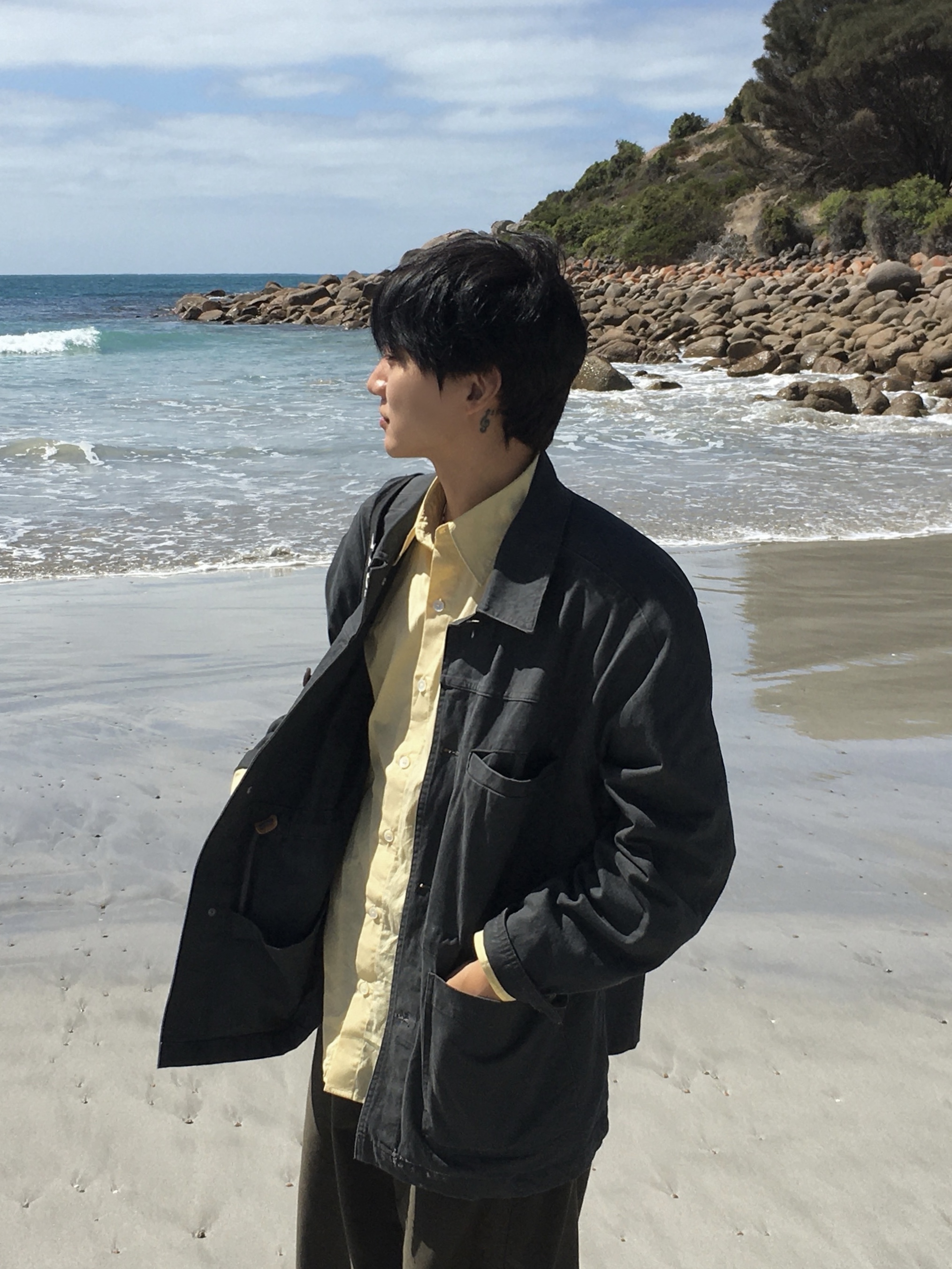 Noun Faded Chore Jacket Charcoal, Noun Daily Shirts Acacia 착용 스타일