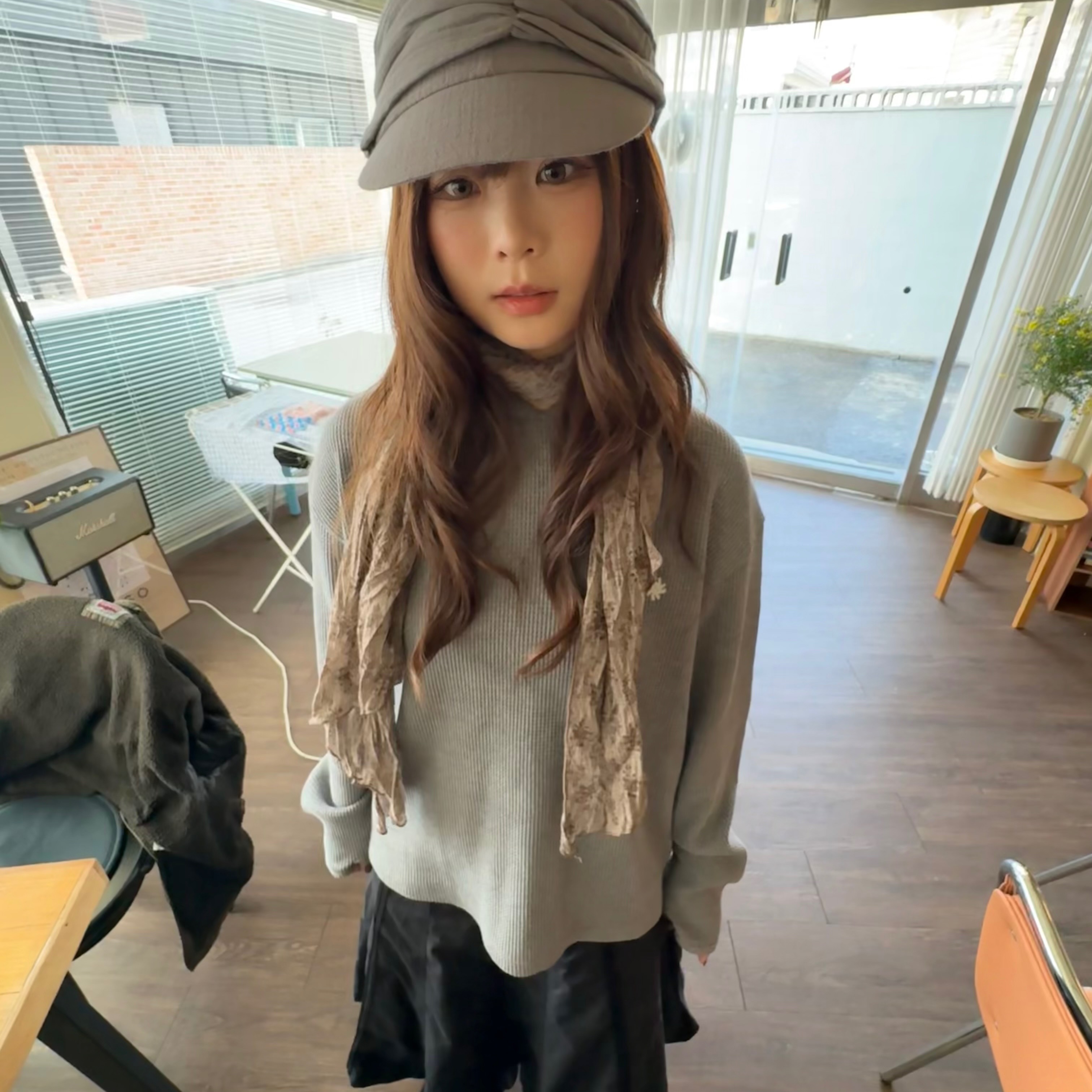 SLOW RECORD HOUSE Waffle Fingerhole Hood Blue Grey 착용 스타일 - 2
