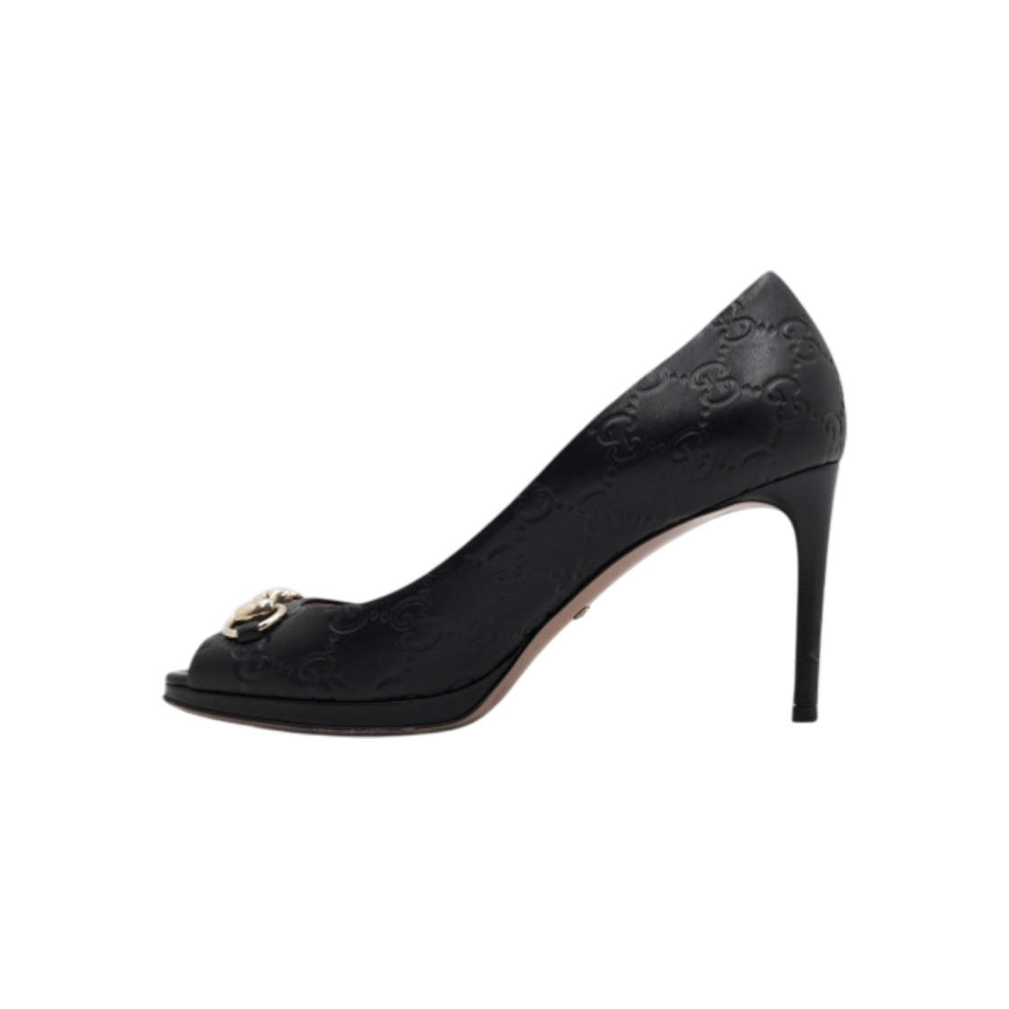 구찌 388449 GG 시마 블랙레더 금장 홀스빗 오픈토 여성 구두aa61684(Gucci 388449 GG Shimmer Black Leather Gold Horsebit Open-Toe Heels)