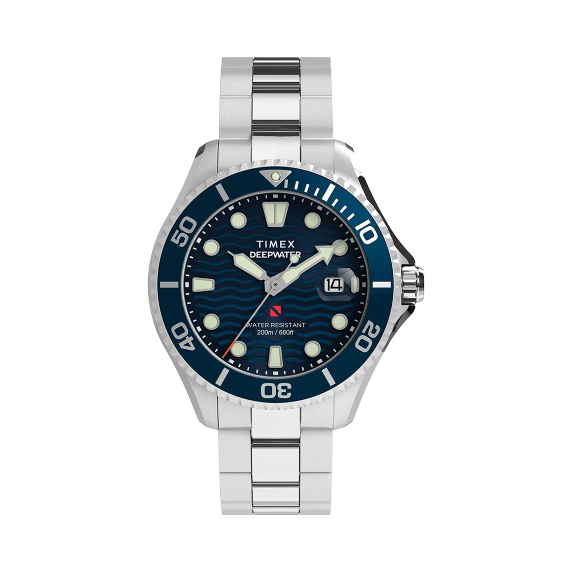 타이맥스 딥 워터 메리디안 200 쿼츠 44mm 스테인레스 스틸 브레이슬릿 워치 실버 블루(Timex Deep Water Meridian 200 Quartz 44mm Stainless Steel Bracelet Watch Silver Blue)
