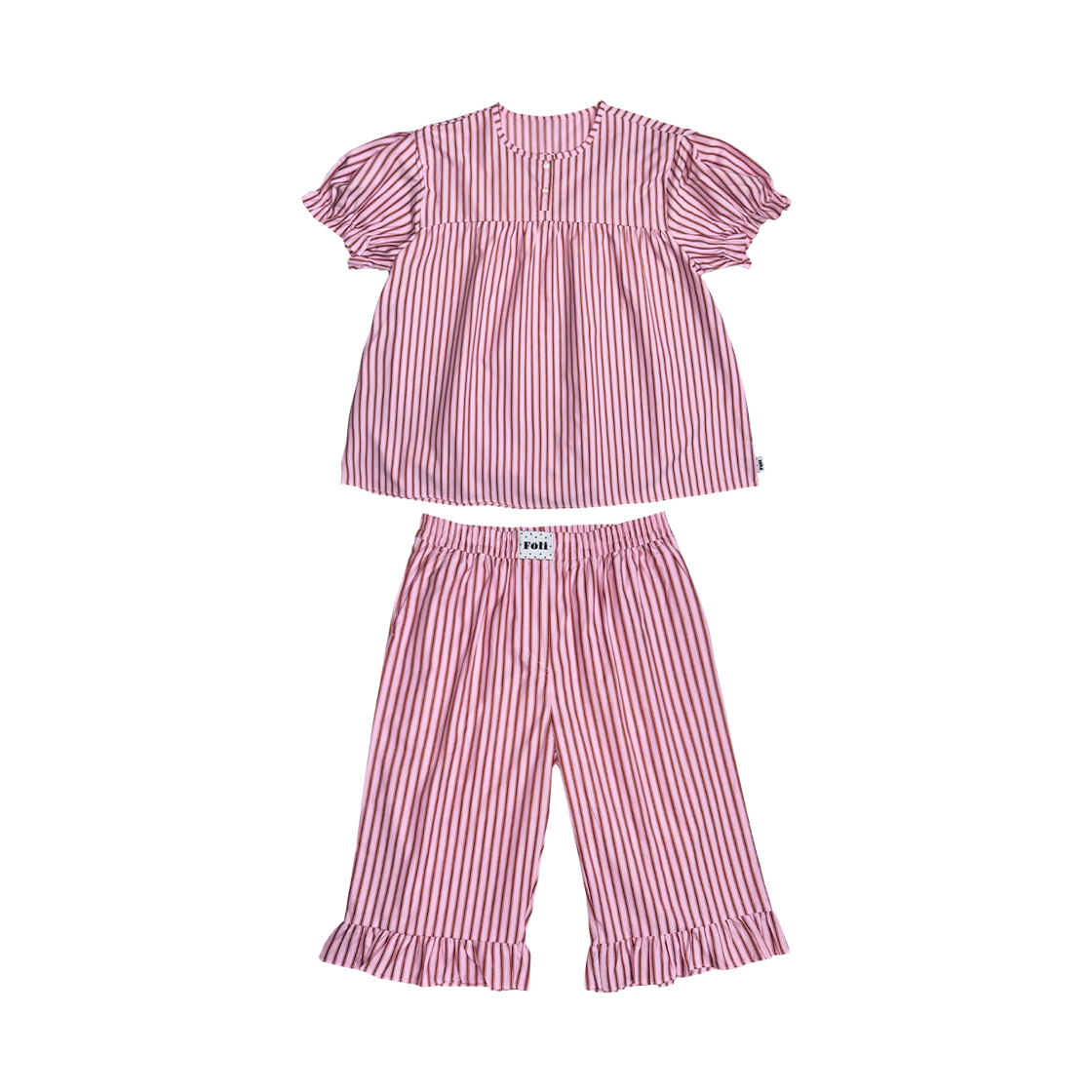 폴리 여 프릴 칼라리스 홈 카프리 세트, 핑크 스트라이프(Foli W Frill Collarless Home Capri Set, Pink Stripe)