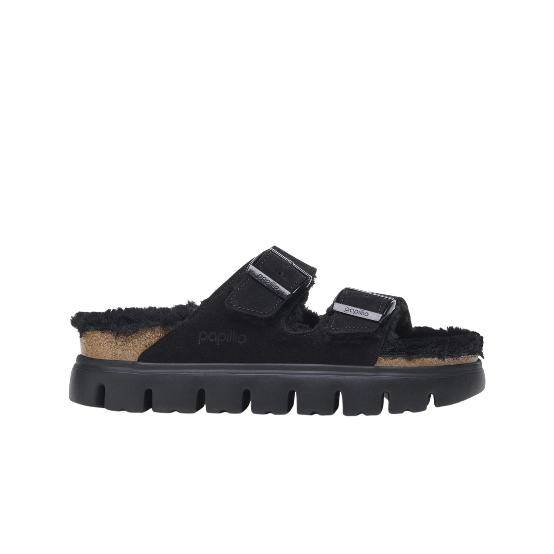 1028405 (W) Birkenstock Arizona Papillio Chunky Shearling Suede Leather Black - Narrow