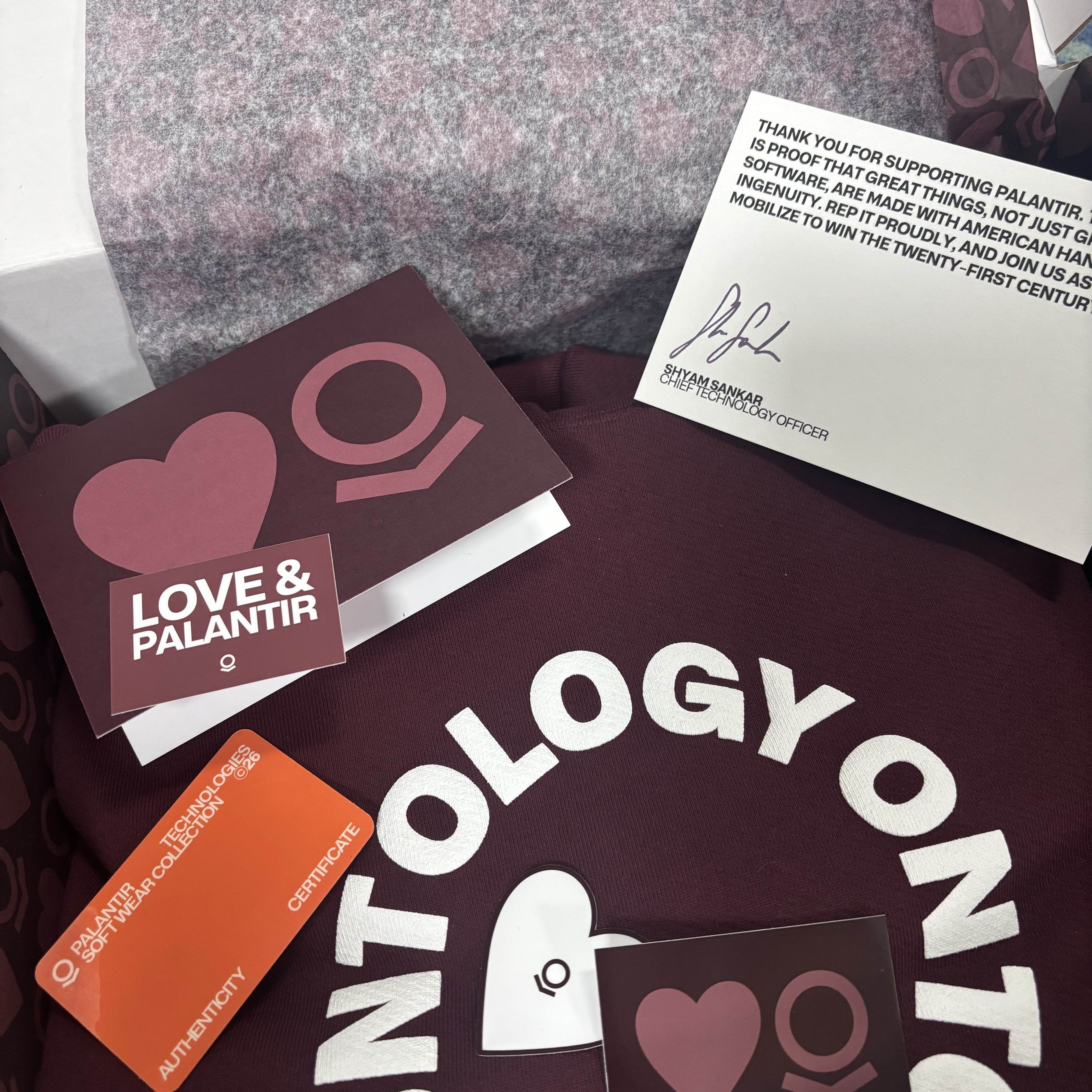 Palantir Ontology Valentine's Hoodie Deep Bordeaux 착용 스타일