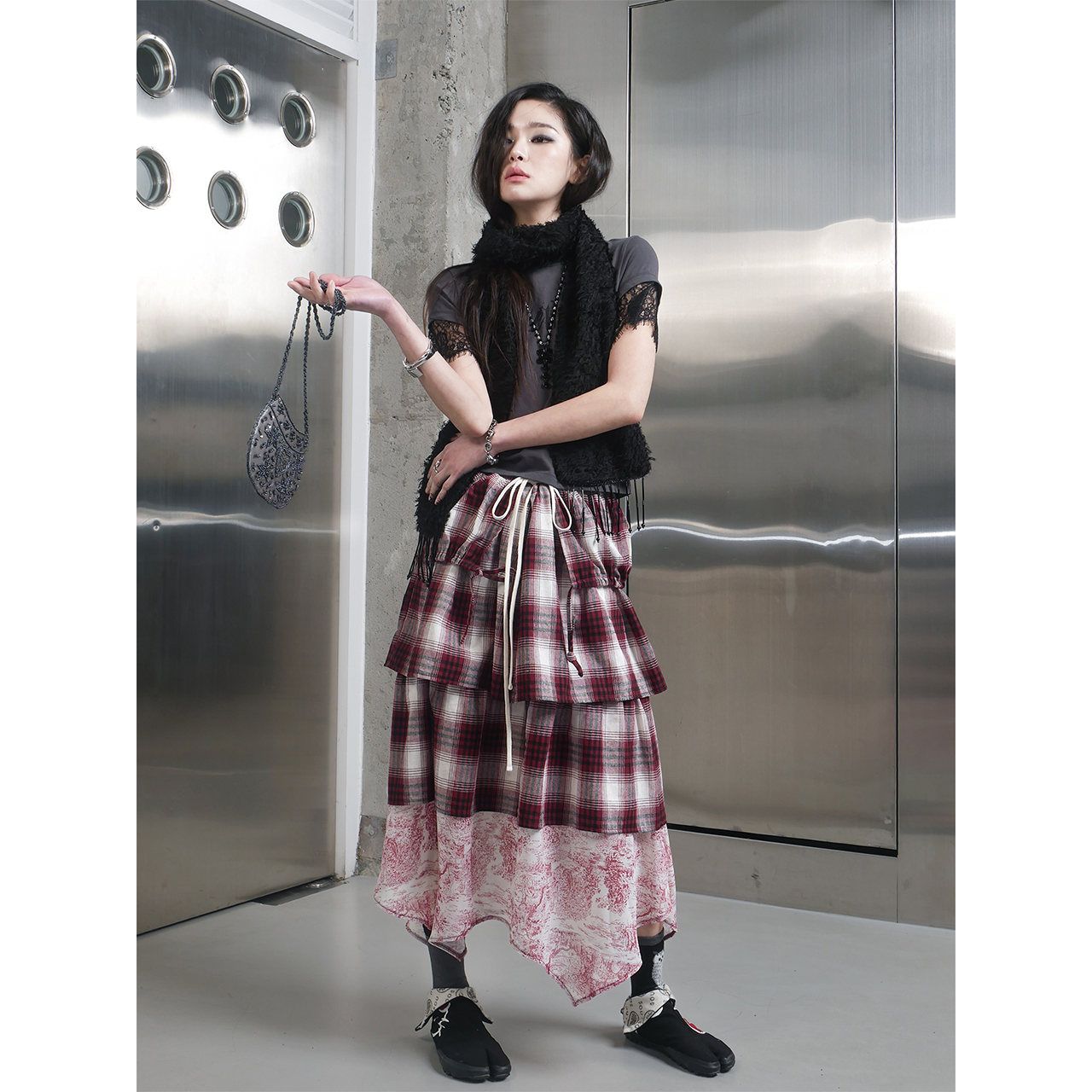 스틸레써디 체크 티어드 스커트 레드(Still Lethardy Check Tiered Skirt Red) - 5