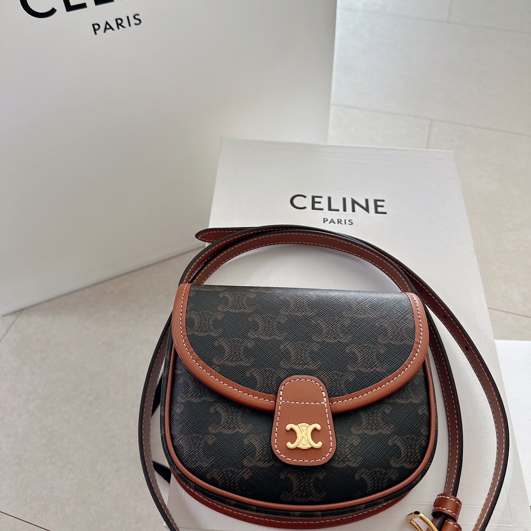 Celine Mini Besace in Triomphe Canvas and Calfskin Tan 착용 스타일
