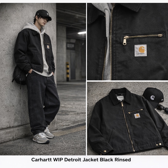 Carhartt WIP Organic Cotton Dearborn Canvas Detroit Jacket Black Rinsed - Spring 착용 스타일