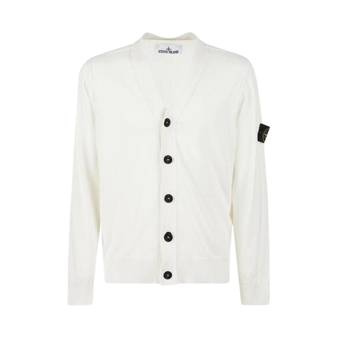 스톤 아일랜드 516B2 와펜 패치 브이넥 니트 가디건 화이트 - 24SS(Stone Island 516B2 Wappen Patch V-Neck Knit Cardigan White - 24SS)