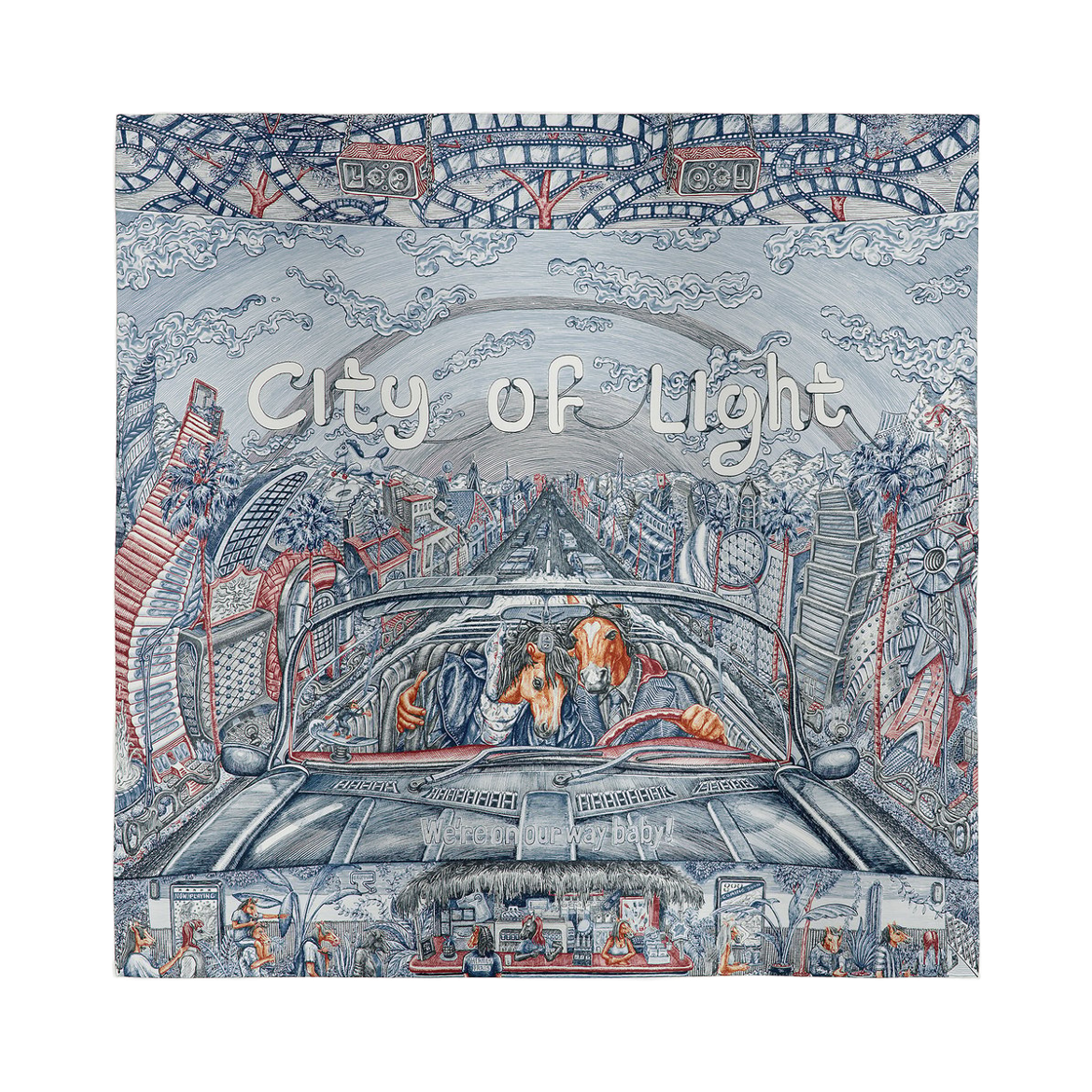 H004103S08 (W) Hermes City Of Light Scarf 90 Silk Twill & Ardoise Blanc Rouge H