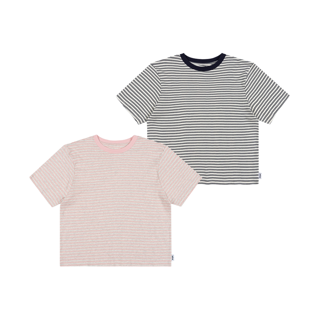 폴리 유니섹스 코튼 스트라이프 반팔 티셔츠 (핑크/네이비)(Foli Unisex Cotton Stripe Short Sleeve T-shirts (Pink/Navy))