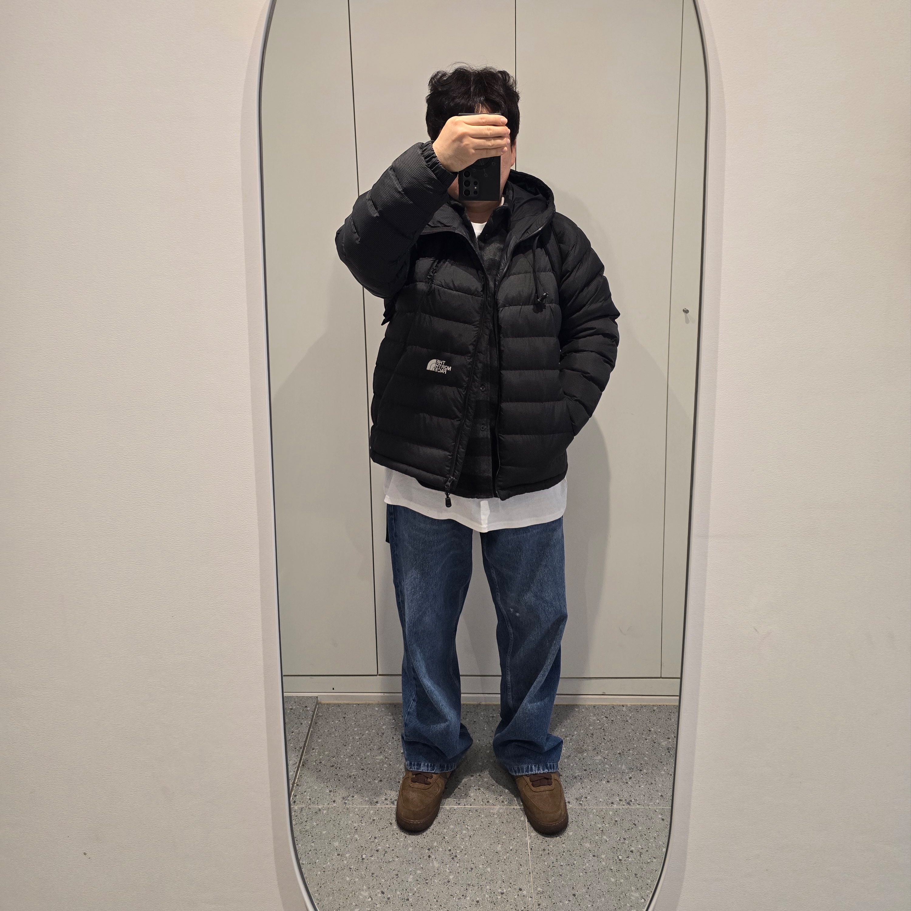 (W) Nike Air Force 1 '07 Cacao Wow, IAB Studio Gingham Check Shirt Black White 착용 스타일 - 2