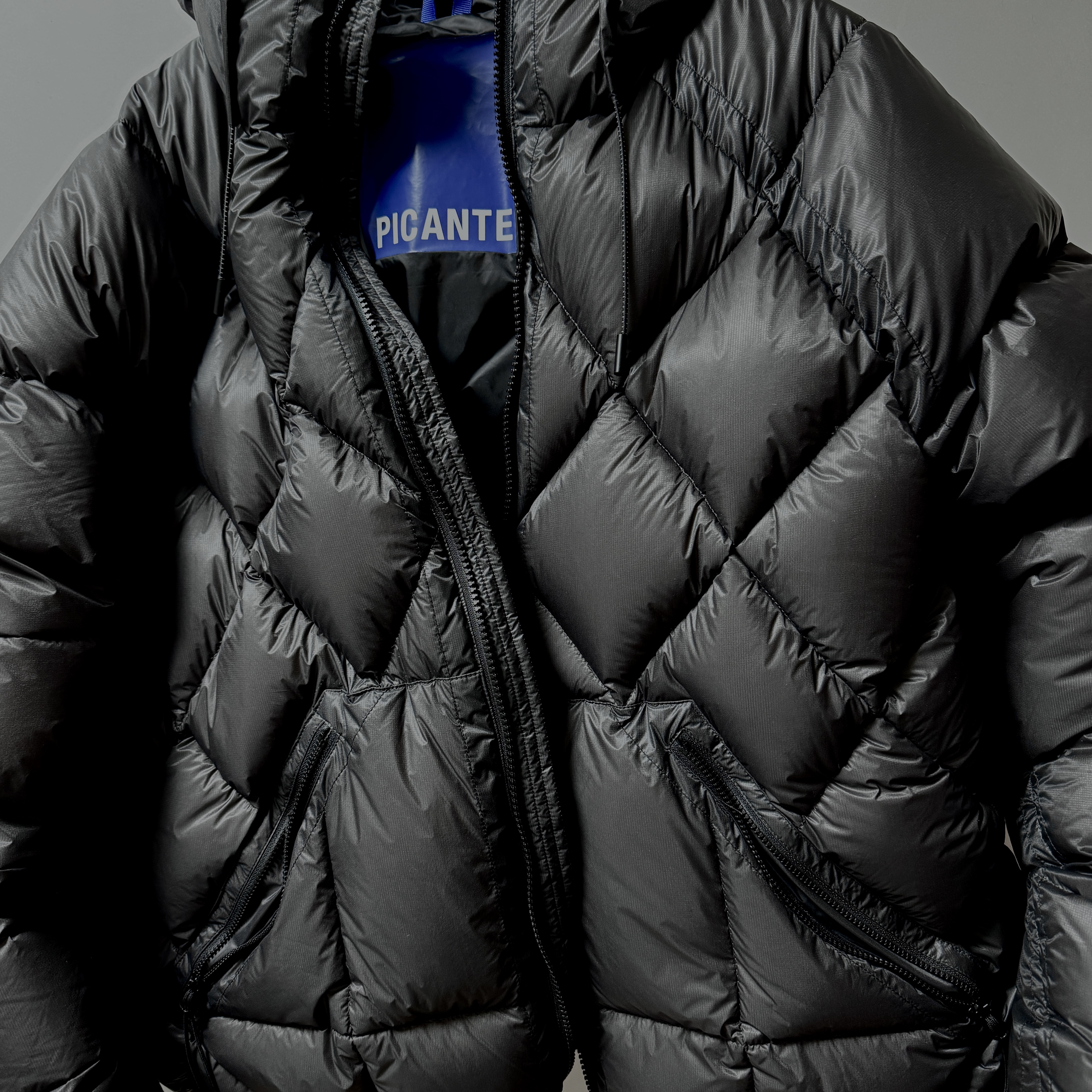 Picante Translucent Diamond Down Puffer 800FP Obsidian Sky 착용 스타일