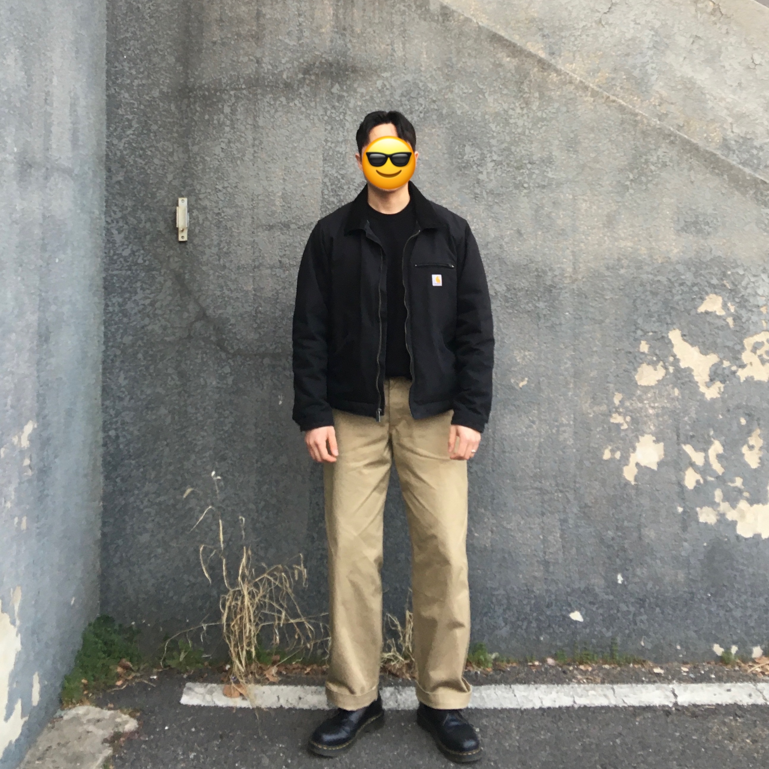 Carhartt Blanket Lined Relaxed Fit Regular Duck Detroit Jacket Black, Dr. Martens 1461 Smooth Black 착용 스타일 - 1