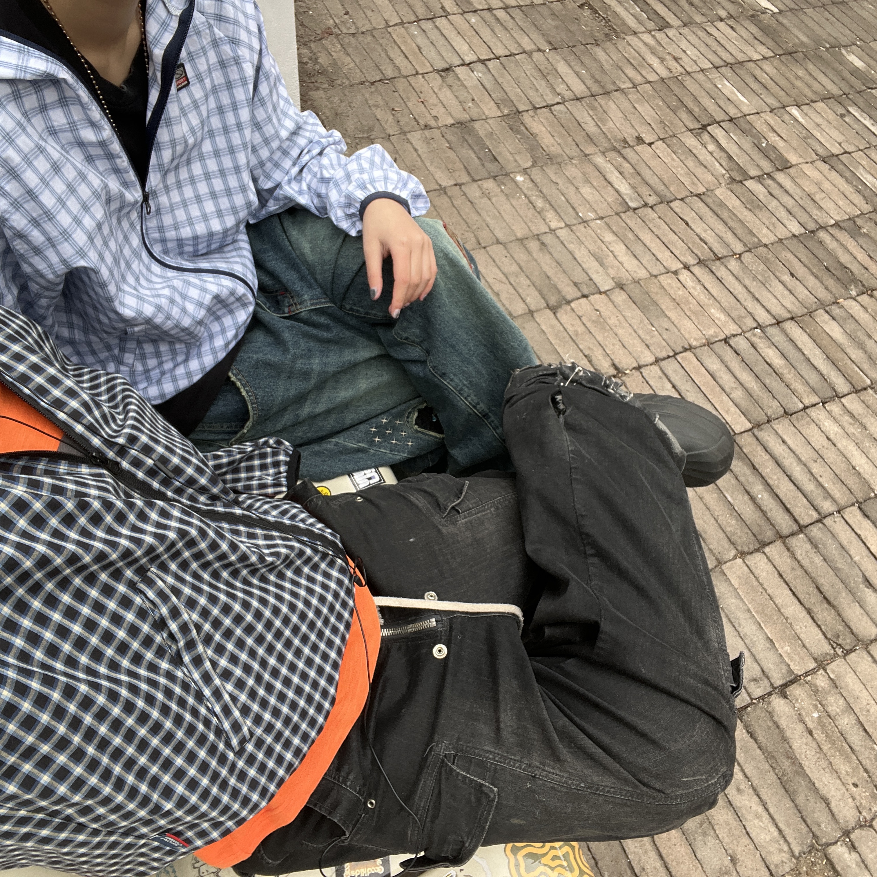 SPORT CHAMBER SC Square Check Windbreaker NAVY, SPORT CHAMBER SC Square Check Windbreaker WHITE 착용 스타일