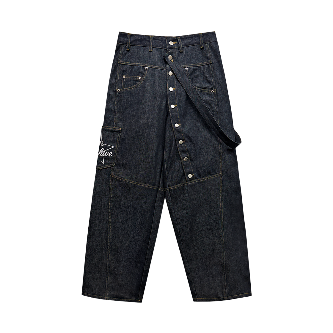 랜 아카이브 0127 사선 버튼 벨트 생지 카펜터 팬츠 - 인디고(LAN ARCHIVE 0127 Diagonal Button Belt Raw Denim Carpenter Pants – Indigo)