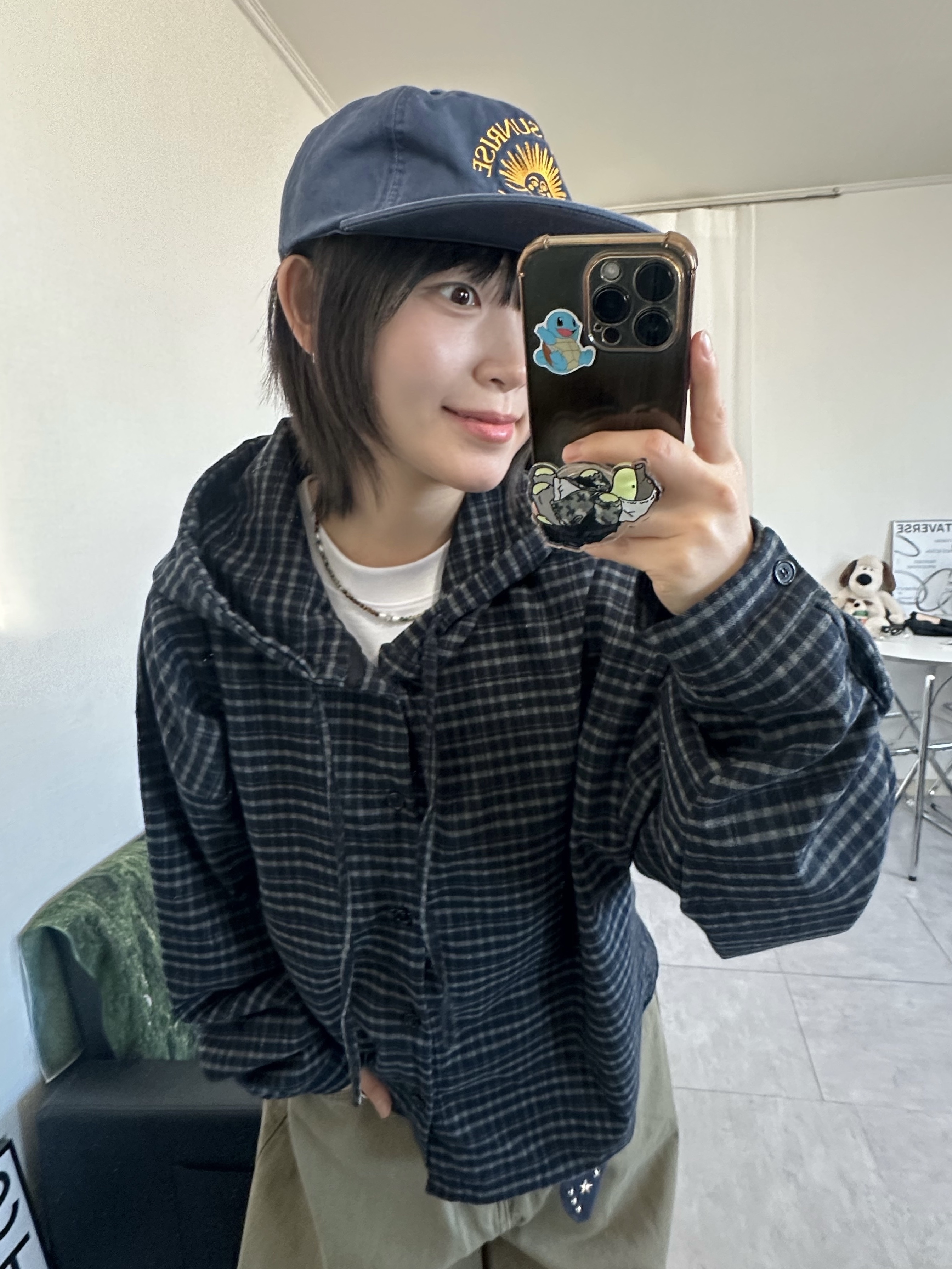 Hello Sunrise Washed HS Arch Logo 6Panel Cap Navy & Orange 착용 스타일 - 3