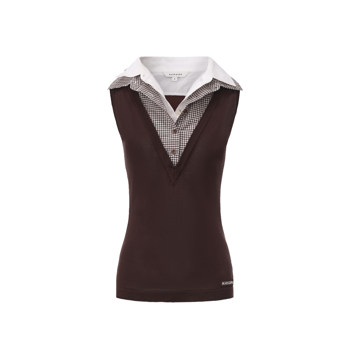 마크공 우먼 그레이 슬리브리스 니트 탑 위드 멀티 레이어 칼라 브라운 - 26SS(Markgong Women Grey Sleeveless Knit Top With Multi Layer Collar Brown - 26SS)