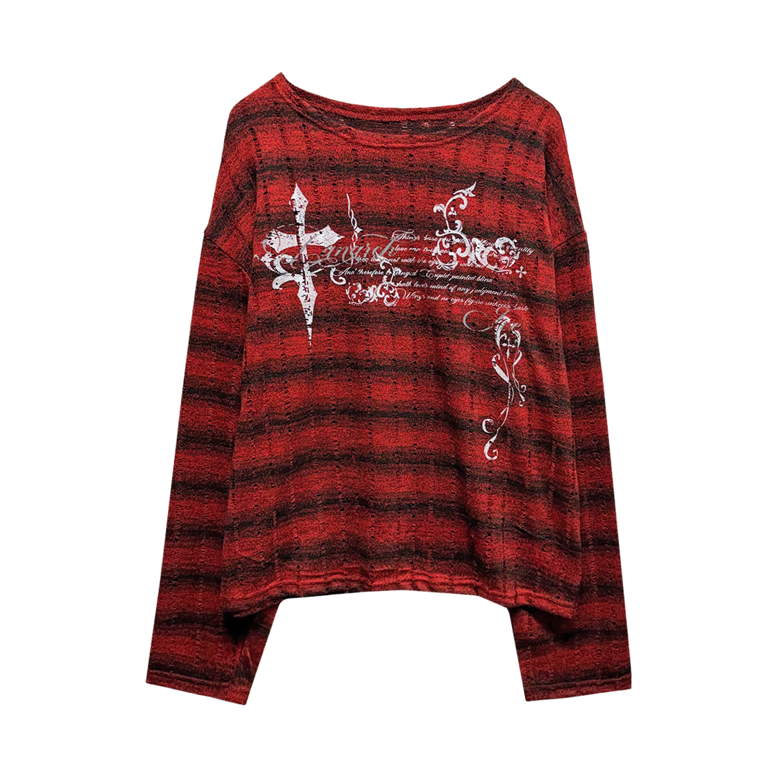 랜 아카이브 0098 그런지 그래픽 시스루 롱슬리브 - 레드(LAN ARCHIVE 0098 Grunge Graphic Sheer Long Sleeve - Red)