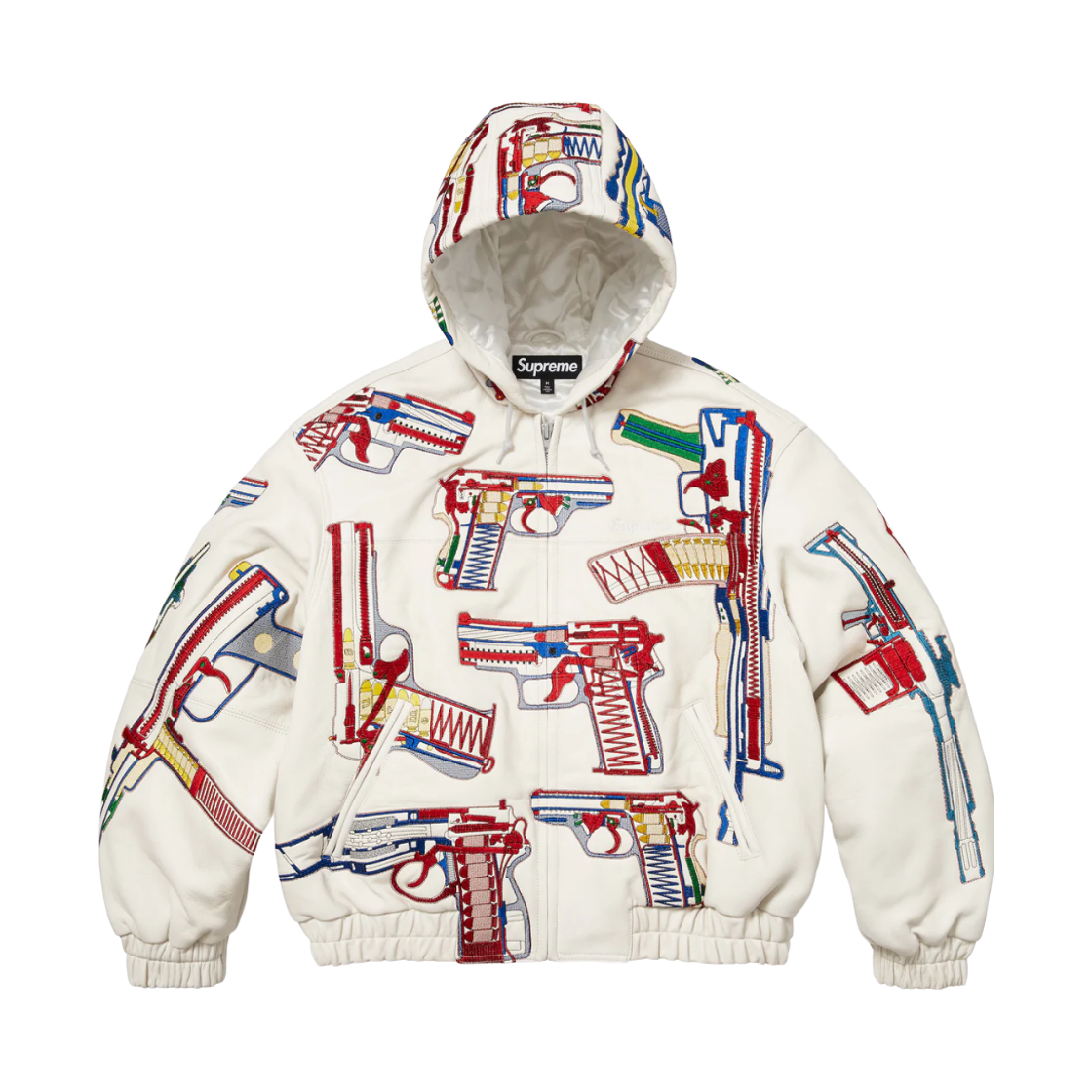 - Supreme Guns Embroidered Hooded Leather Jacket White - 26SS