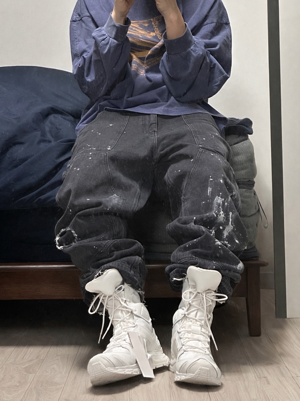 Wapworks Wp Military Shirring Crop Crewneck Navy, Wapworks Work Double Knee Carpenter Pants Oldmillblue 착용 스타일 - 1
