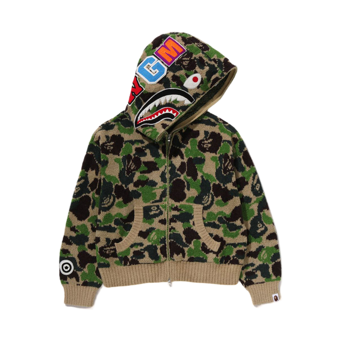 - (W) BAPE ABC Camo Towel Jacquard Shark Cropped Full Zip Hoodie Green