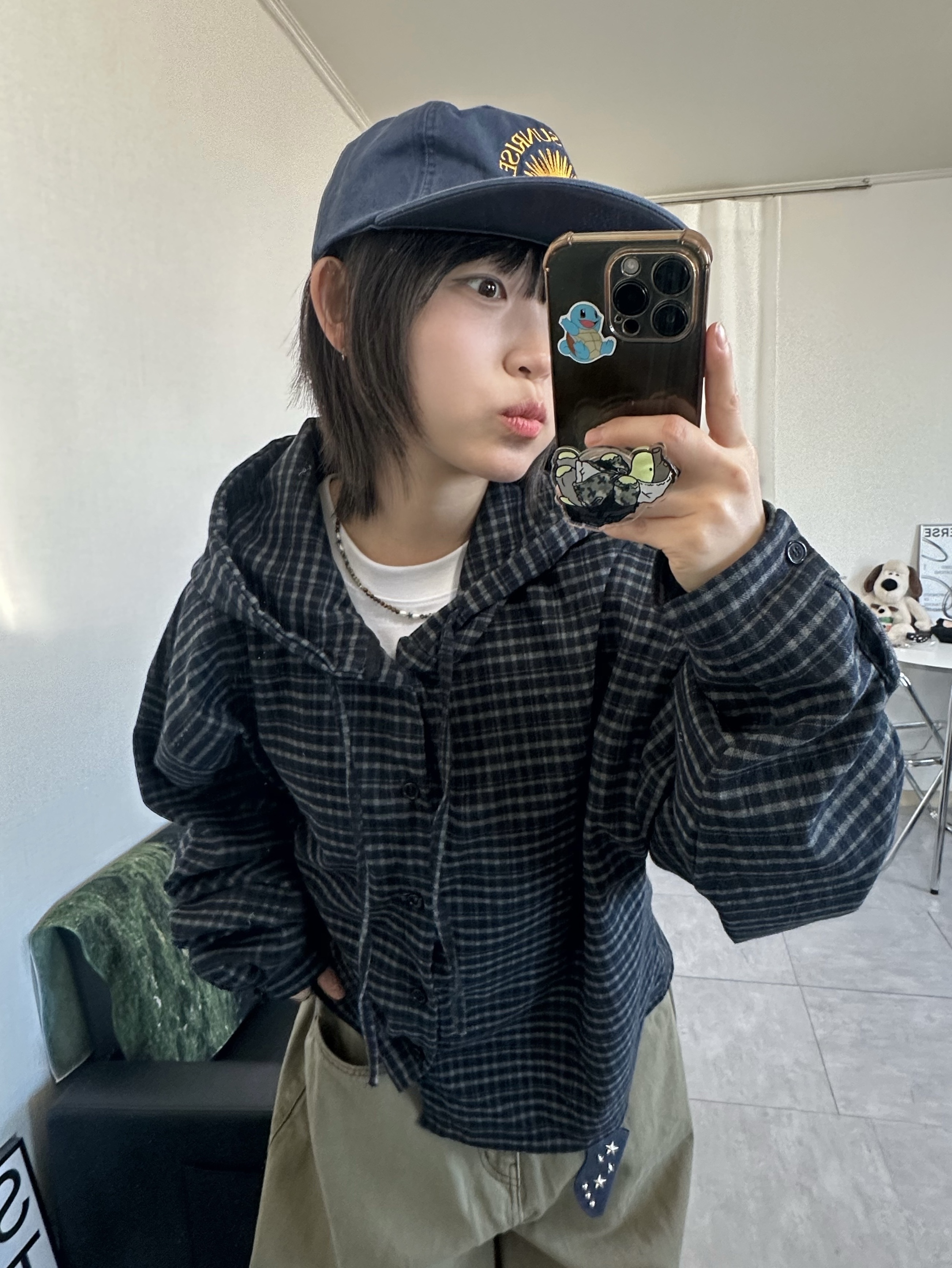 Hello Sunrise Washed HS Arch Logo 6Panel Cap Navy & Orange 착용 스타일 - 2