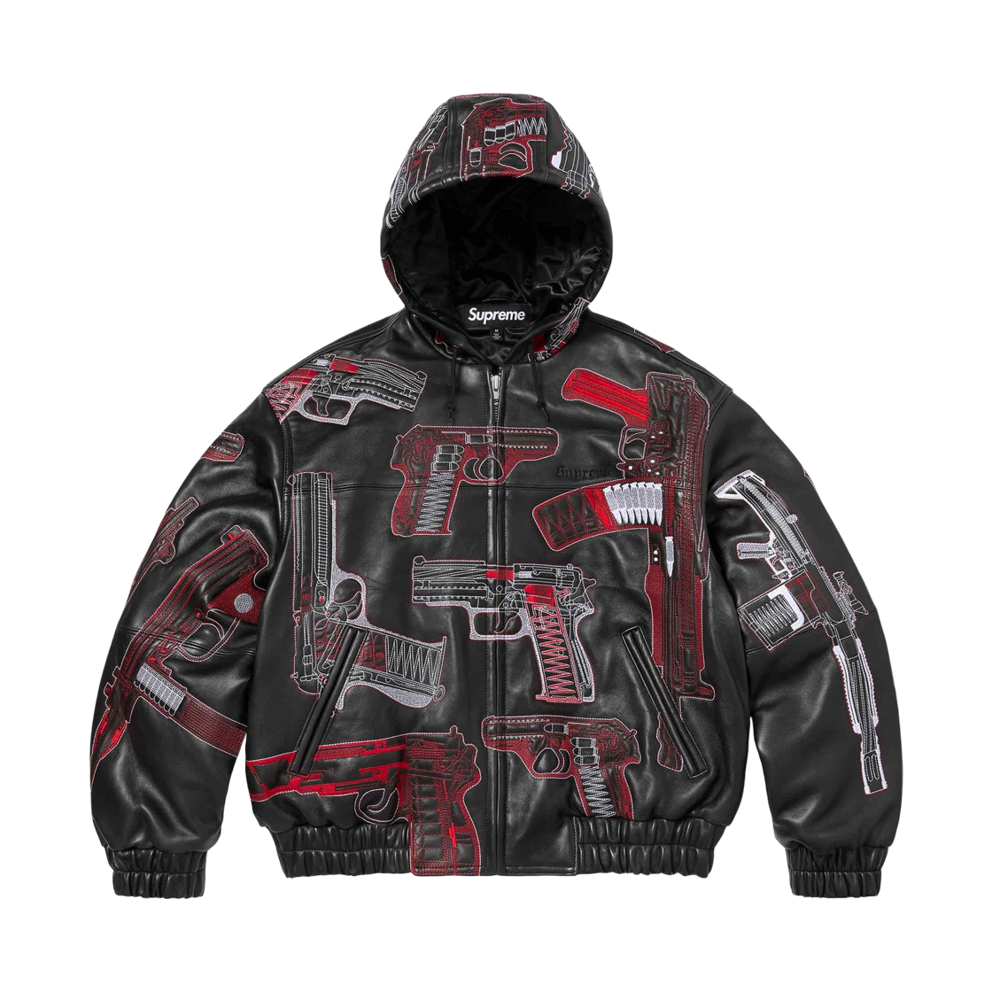 슈프림 건 자수 후드 레더 자켓 블랙 - 26SS(Supreme Guns Embroidered Hooded Leather Jacket Black - 26SS) - 1