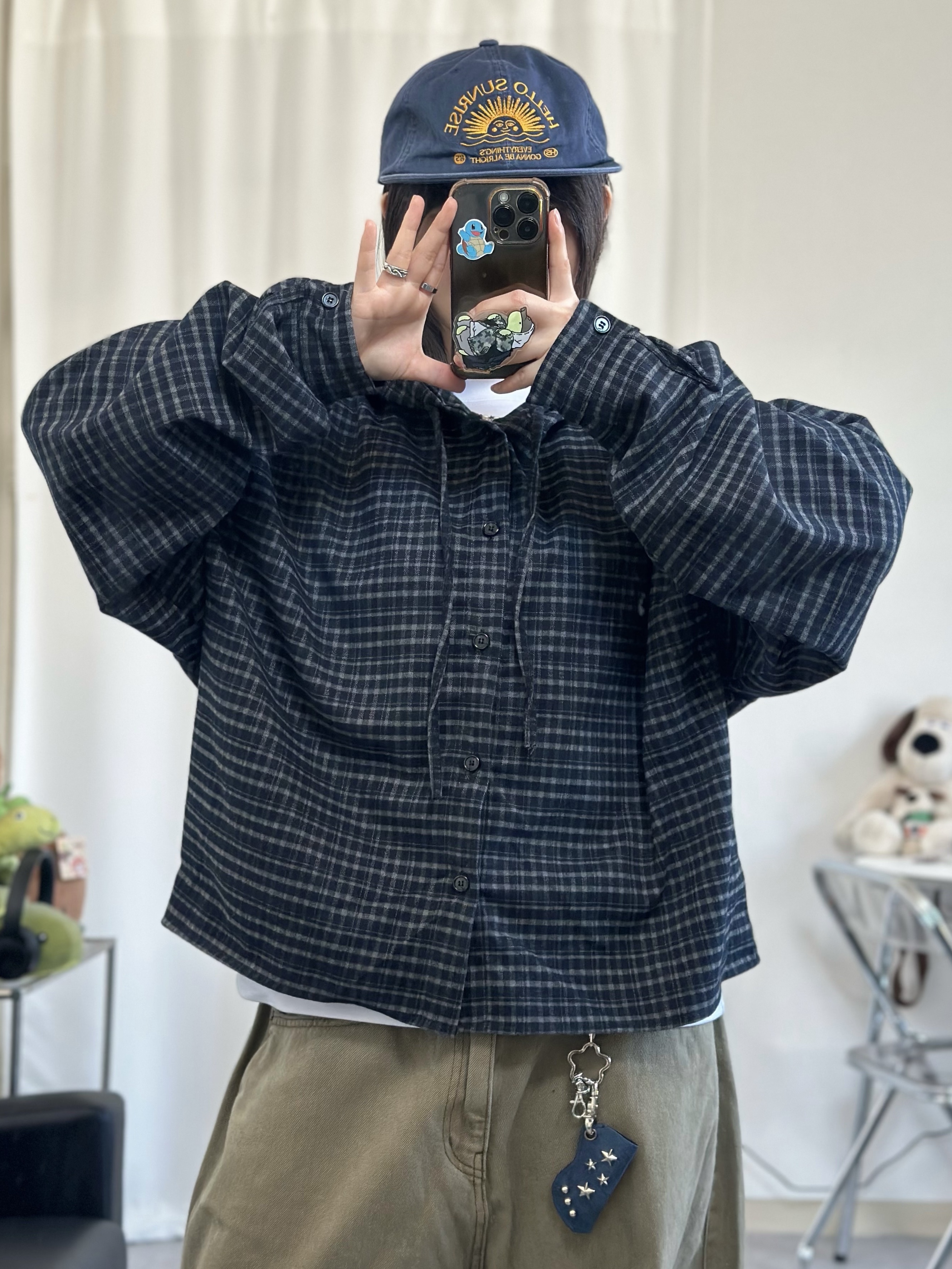 Hello Sunrise Washed HS Arch Logo 6Panel Cap Navy & Orange 착용 스타일 - 5