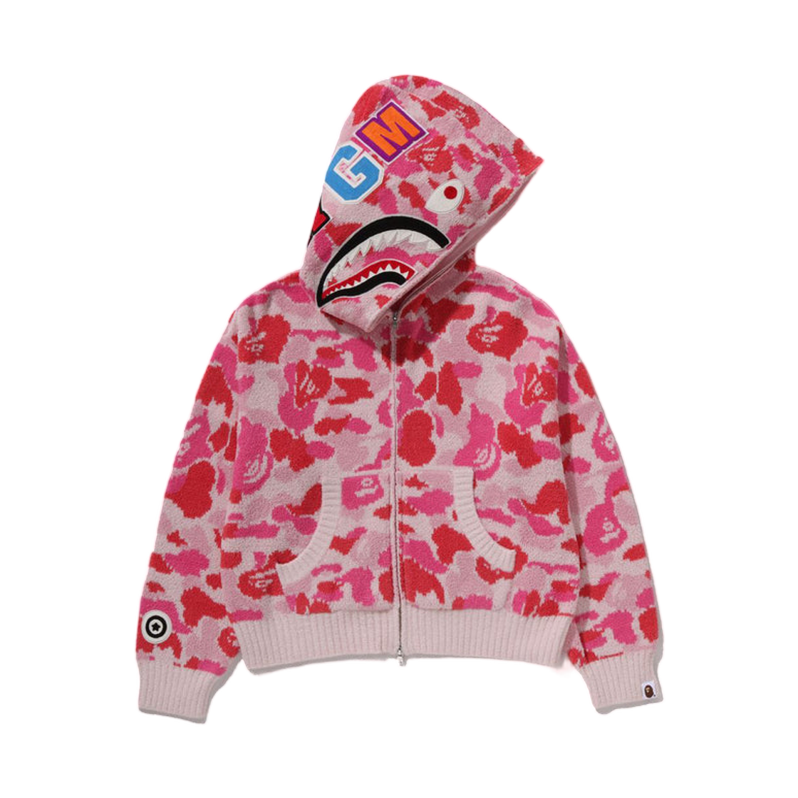 (W) 베이프 ABC 카모 타월 자카드 샤크 크롭 풀 집 후드 핑크((W) BAPE ABC Camo Towel Jacquard Shark Cropped Full Zip Hoodie Pink) - 1