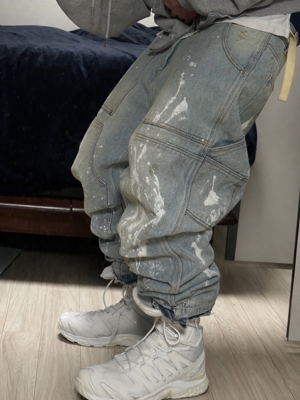 Wapworks Wp Military Shirring Crop Crewneck Navy, Wapworks Work Double Knee Carpenter Pants Oldmillblue 착용 스타일 - 2