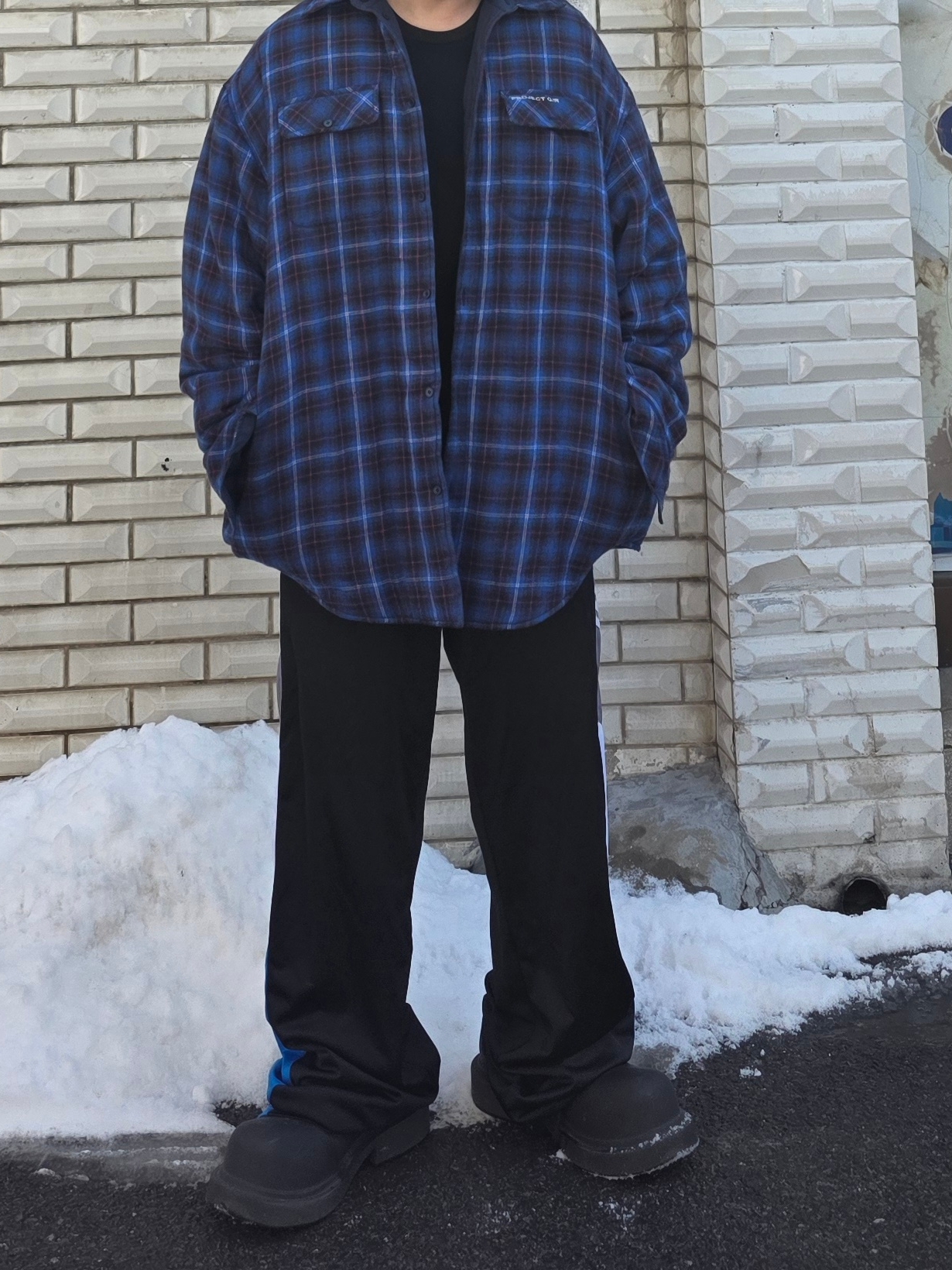 Project G/R Reversible Padded Check Shirt Navy, Balenciaga Steroid Derby Black 착용 스타일 - 6