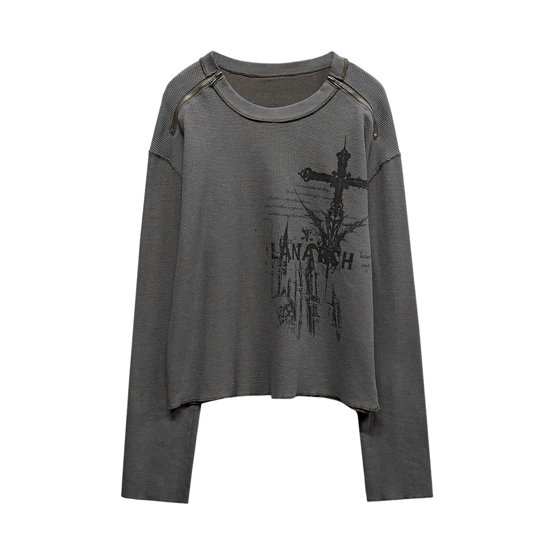 랜 아카이브 0106 고딕 숄더 지퍼 와플 롱슬리브 - 카키(LAN ARCHIVE 0106 Gothic Shoulder Zip Waffle Long Sleeve - Khaki)