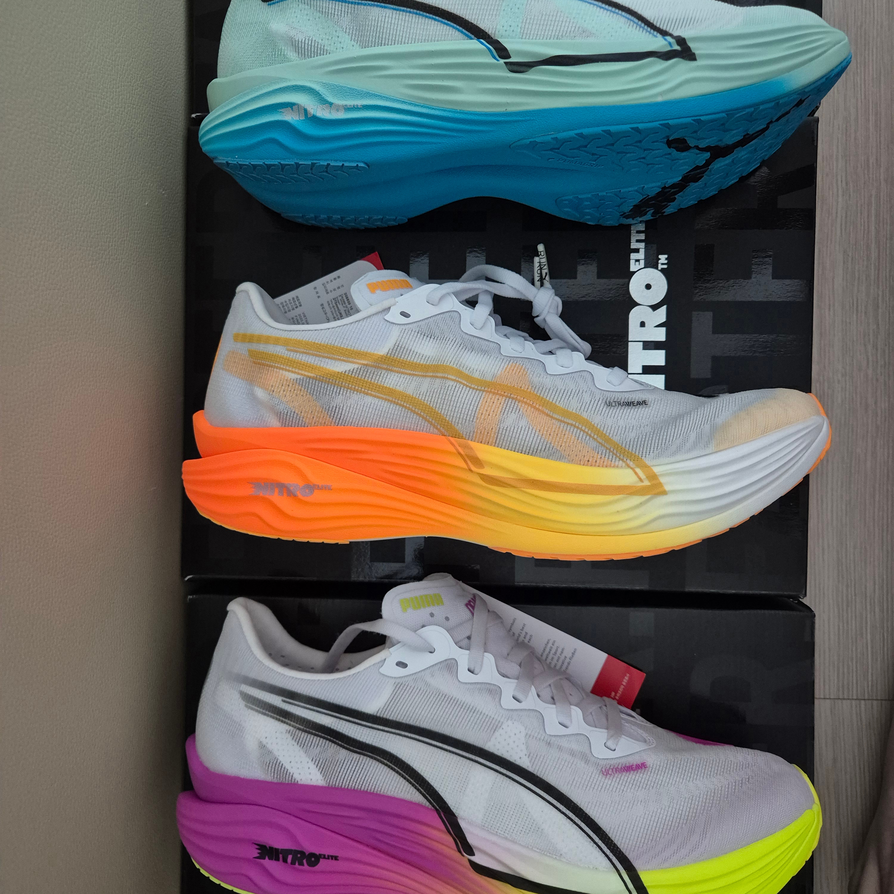 Puma Deviate Nitro Elite 3 Mint Melt Speed Blue, Puma Deviate Nitro Elite 3 White Sun Stream 착용 스타일