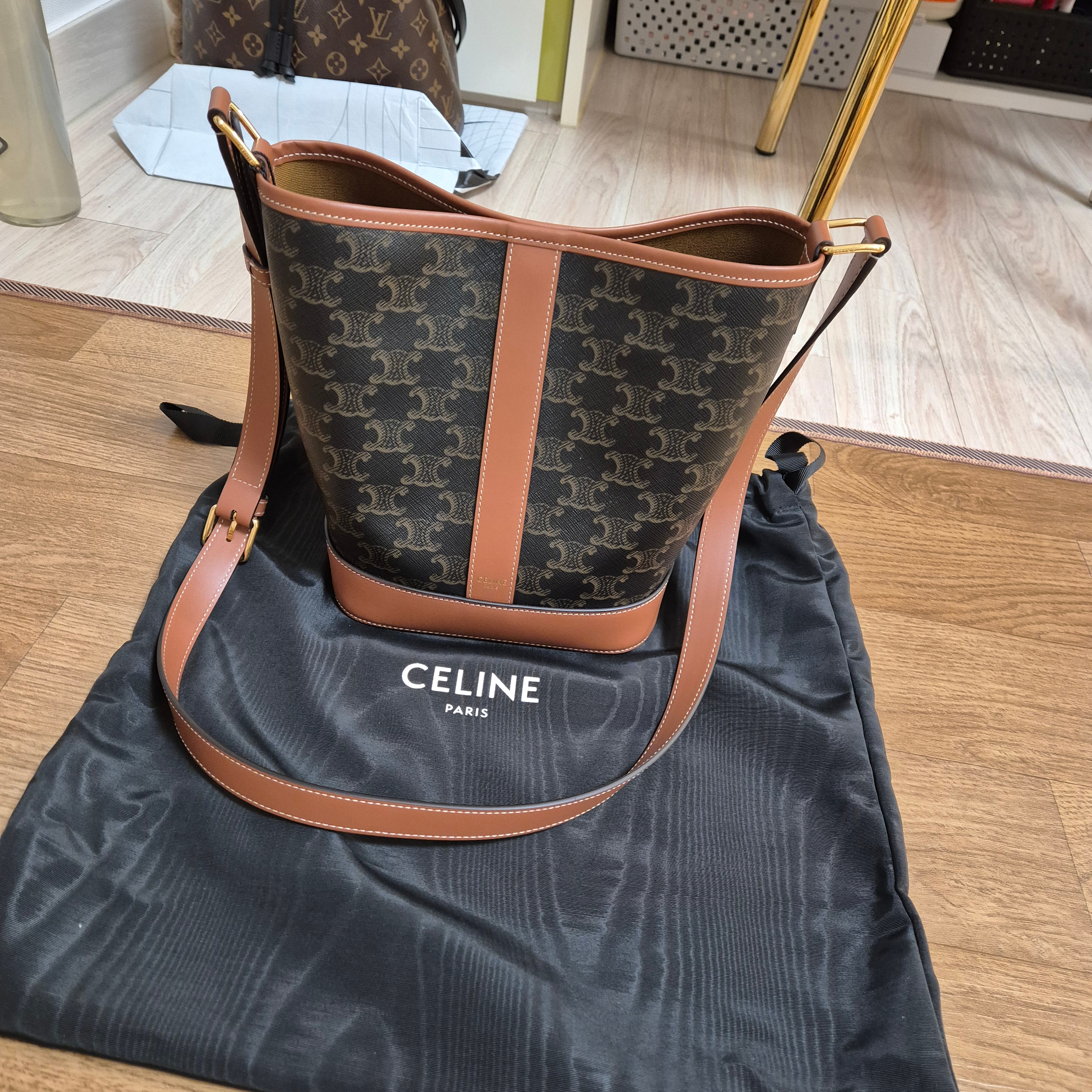 Celine Small Bucket in Triomphe Canvas and Calfskin Tan 착용 스타일
