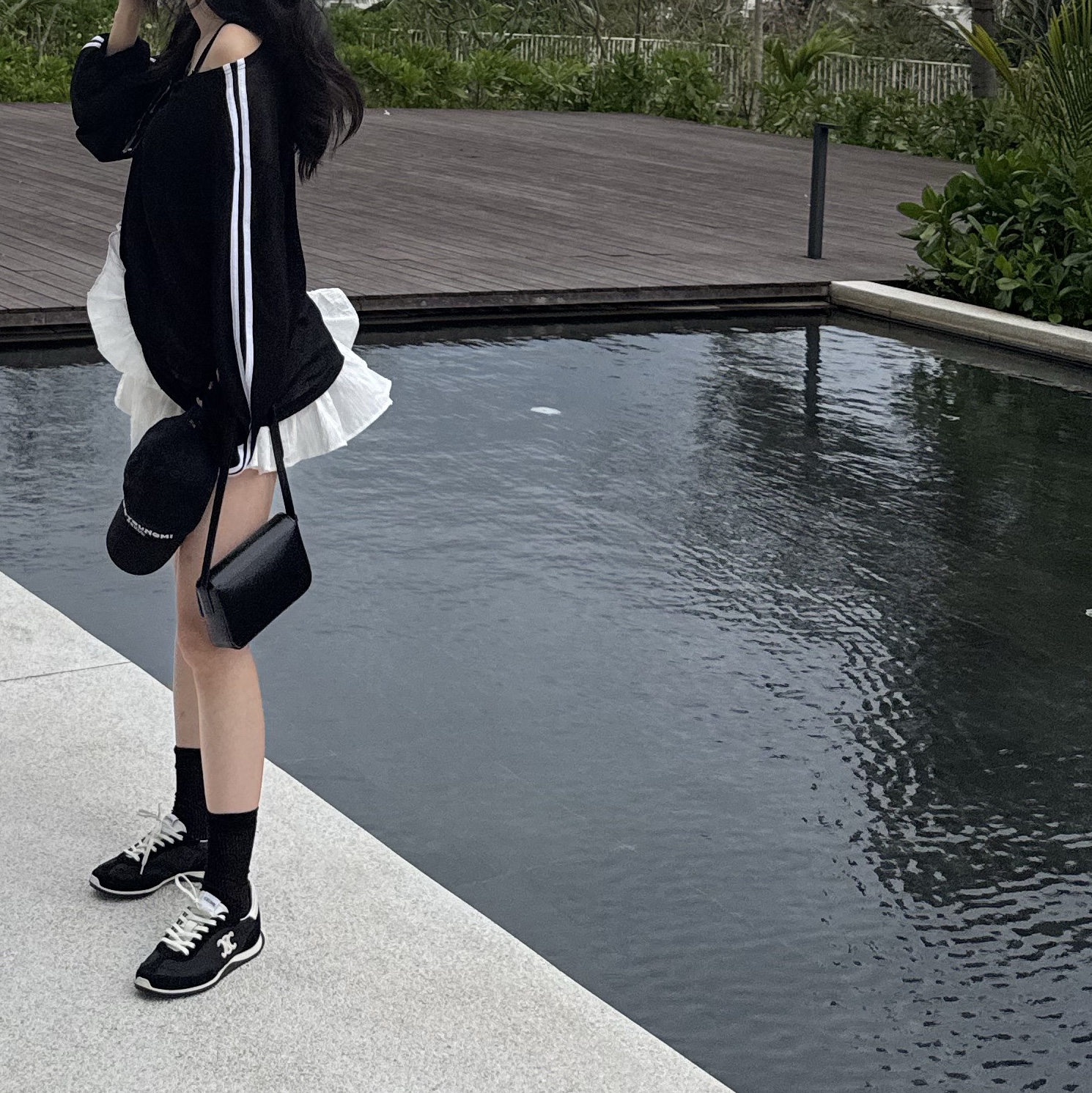 (W) Celine Racer Low Top Sneakers in Nylon Suede Calfskin and Calfskin Black, Celine Shoulder Bag Claude in Shiny Calfskin Black 착용 스타일 - 2