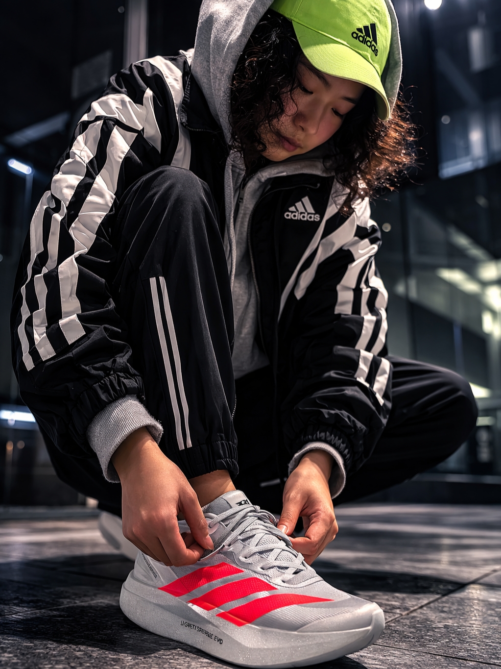 Adidas Running X Adizero Lightweight Climacool Cap Lucid Lemon Black Reflective, Adidas Adizero Archive Running Jacket Black - KR Sizing 착용 스타일