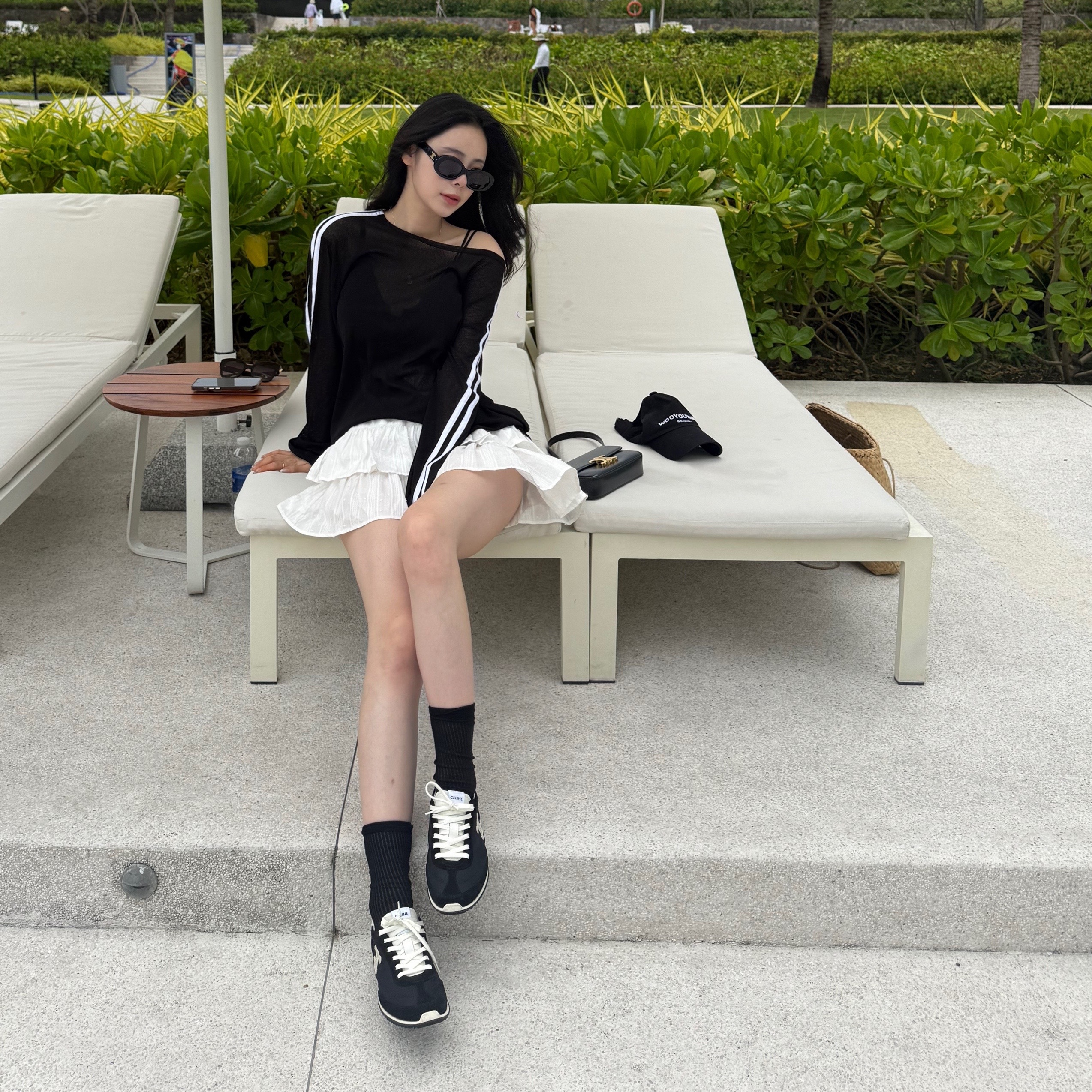 (W) Celine Racer Low Top Sneakers in Nylon Suede Calfskin and Calfskin Black, Celine Shoulder Bag Claude in Shiny Calfskin Black 착용 스타일 - 3