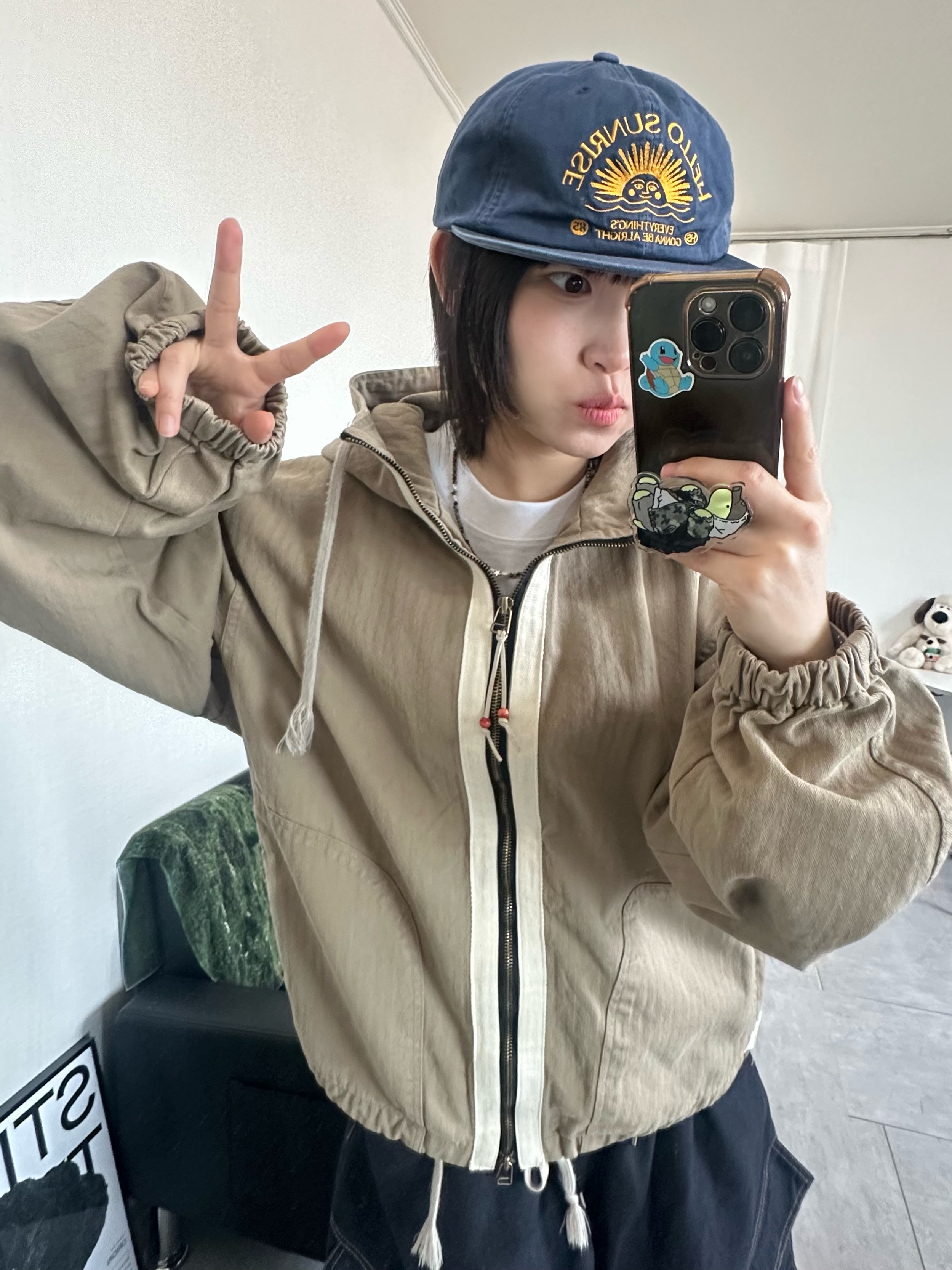 Hello Sunrise Washed HS Arch Logo 6Panel Cap Navy & Orange, Deus Ex Machina String Bag Tan 착용 스타일 - 3