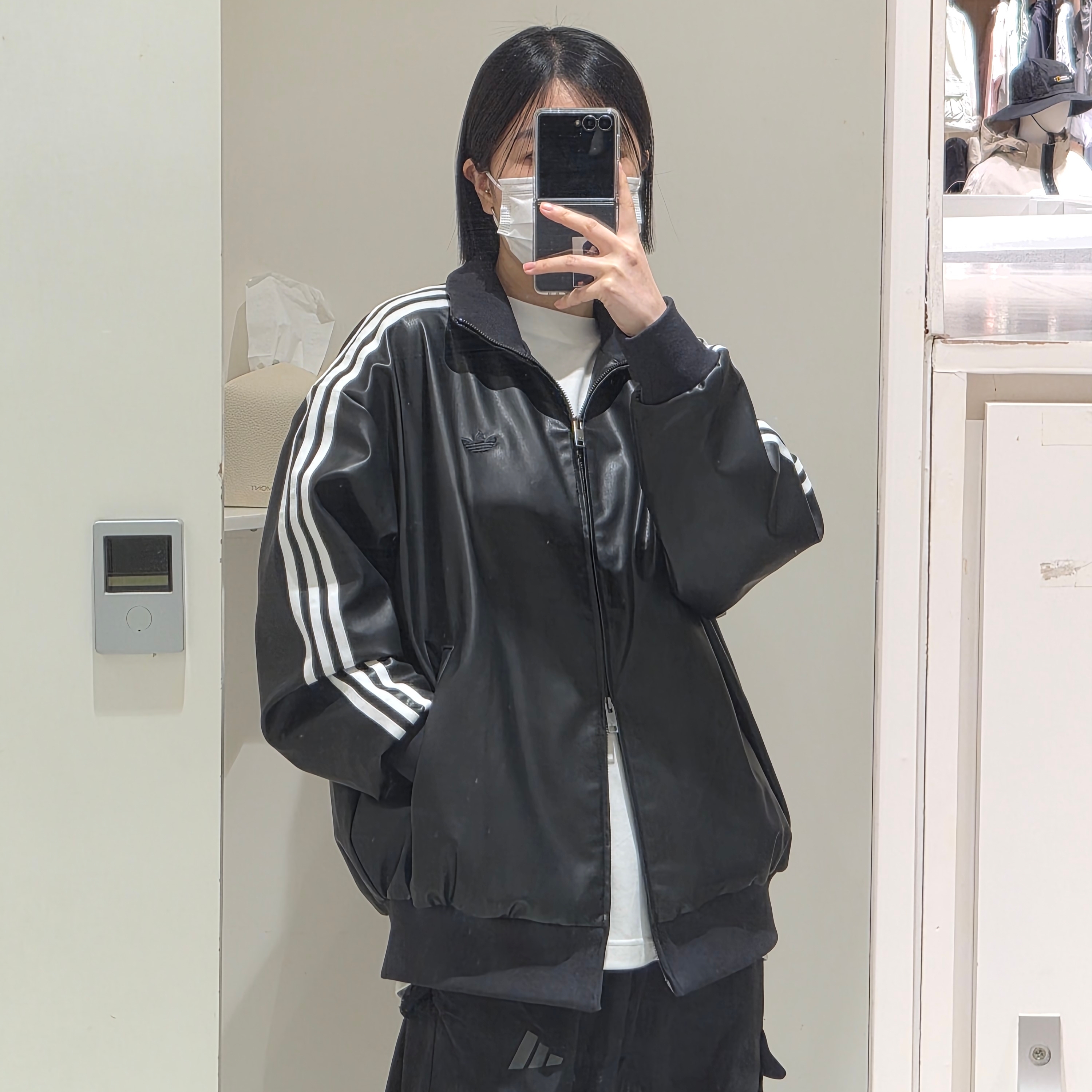 Adidas Pleather 3S Track Top Black - KR Sizing 착용 스타일